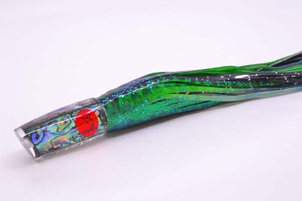 Bonze Lures Paua Shell Red Eyes Get Me Some of That 7" 3.4oz Skirted Black Dots-Blue Dots