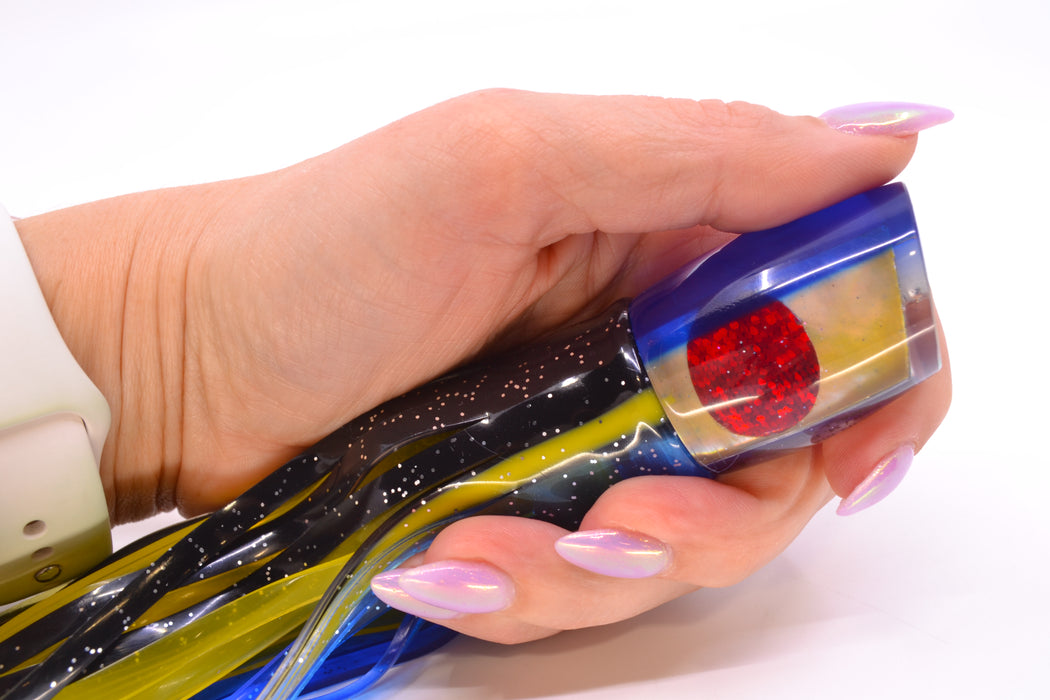 Marlin Magic Golden MOP Blue Back Red Eyes Small Ruckus 9" 5oz Skirted Black-Yellow-Blue