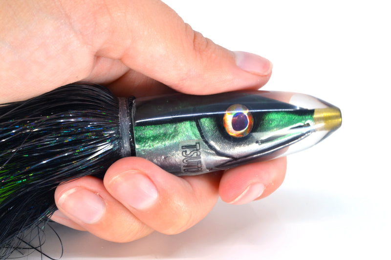 Tsutomu Lures Green Black Dots Fish Head Poke Bullet 6" 2.8oz Strobez Black