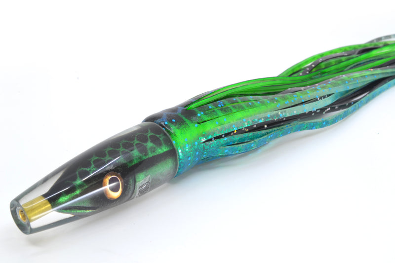 Tsutomu Lures Green Black Dots Fish Head Poke Invert 6" 3.2oz Skirted Black Dots-Blue Dots