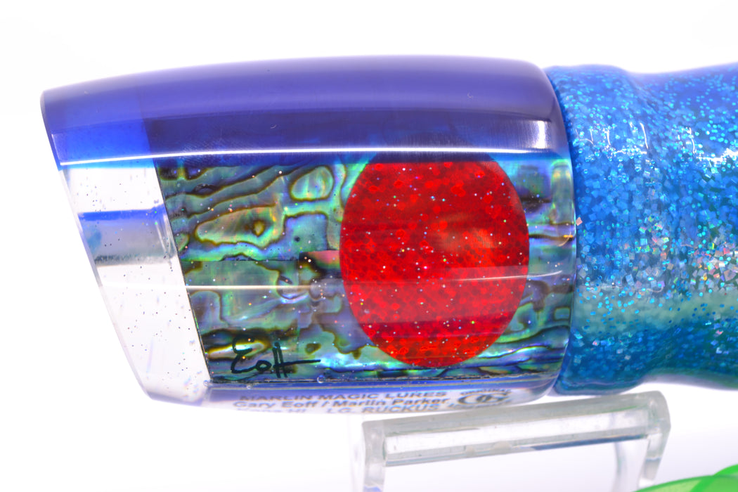 Marlin Magic Paua Shell Blue Back Red Eyes Large Ruckus 14" 13oz Skirted Blue Dots/Green