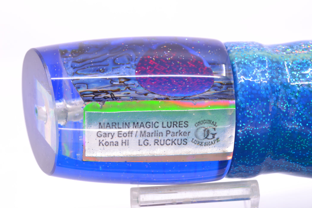 Marlin Magic Paua Shell Blue Back Red Eyes Large Ruckus 14" 13oz Skirted Blue Dots/Green