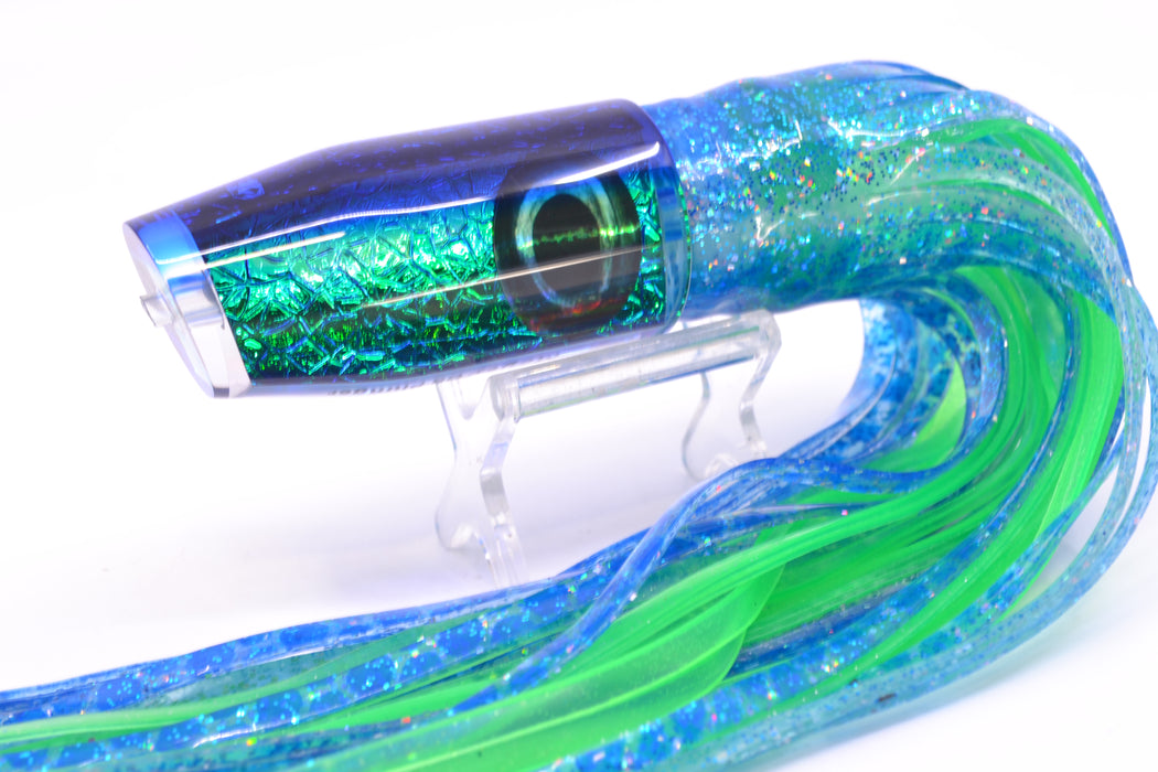 Moyes Lures Blue-Green Oil Slick Blue Back Taxi Eyes O.S. Plunger 12" 7oz Skirted GZE