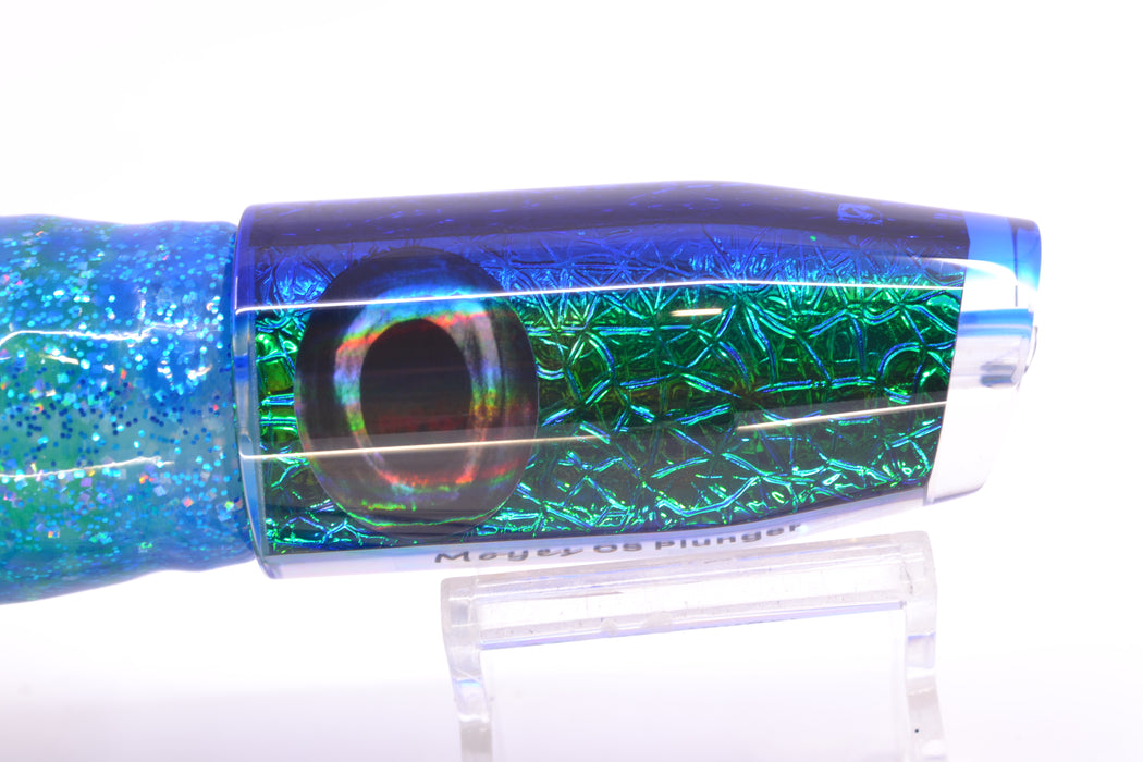 Moyes Lures Blue-Green Oil Slick Blue Back Taxi Eyes O.S. Plunger 12" 7oz Skirted GZE