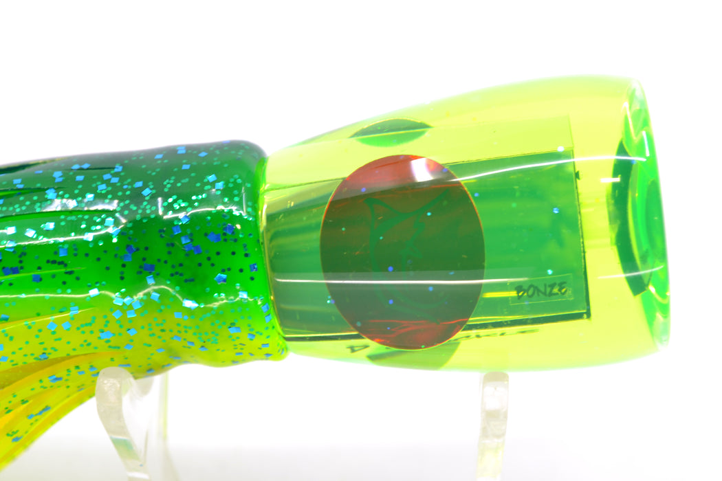 Bonze Lures Fluorescent Green Mirrored Red Eyes D Shackle 9" 3.5oz Skirted Mahi