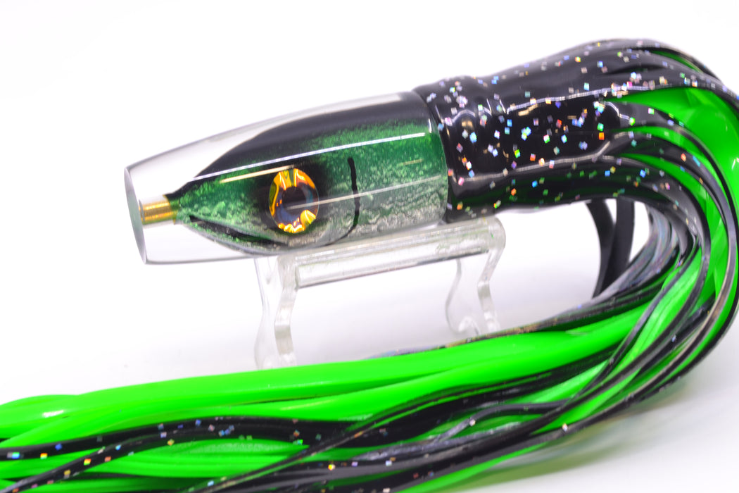 Tsutomu Lures Black-Green-Silver Fish Head Ali'i Invert 7" 5.7oz Skirted Black/Green