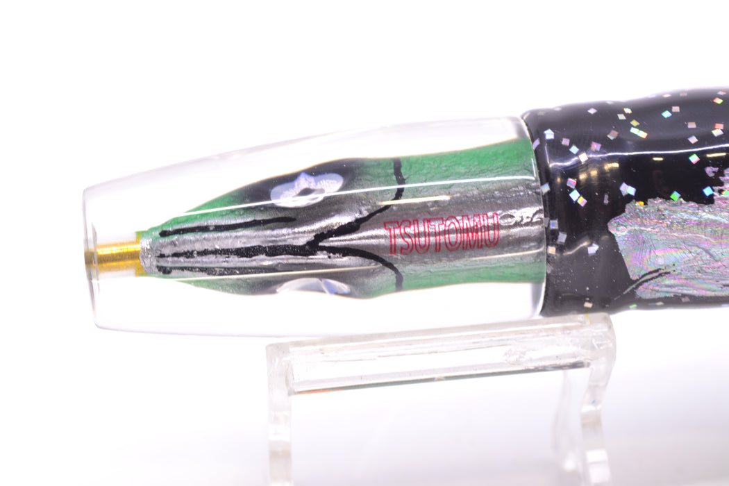 Tsutomu Lures Black-Green-Silver Fish Head Ali'i Invert 7" 5.7oz Skirted Black/Green