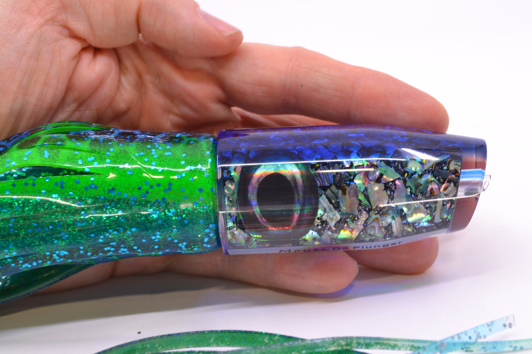 Moyes Lures S&P Blue Back Taxi Eyes O.S. Plunger 12" 7oz Skirted Black Dots-Blue Dots GZE