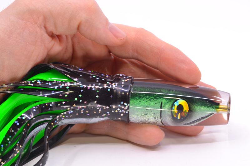 Tsutomu Lures Black-Green-Silver Fish Head Ali'i Invert 7" 5.7oz Skirted Black/Green