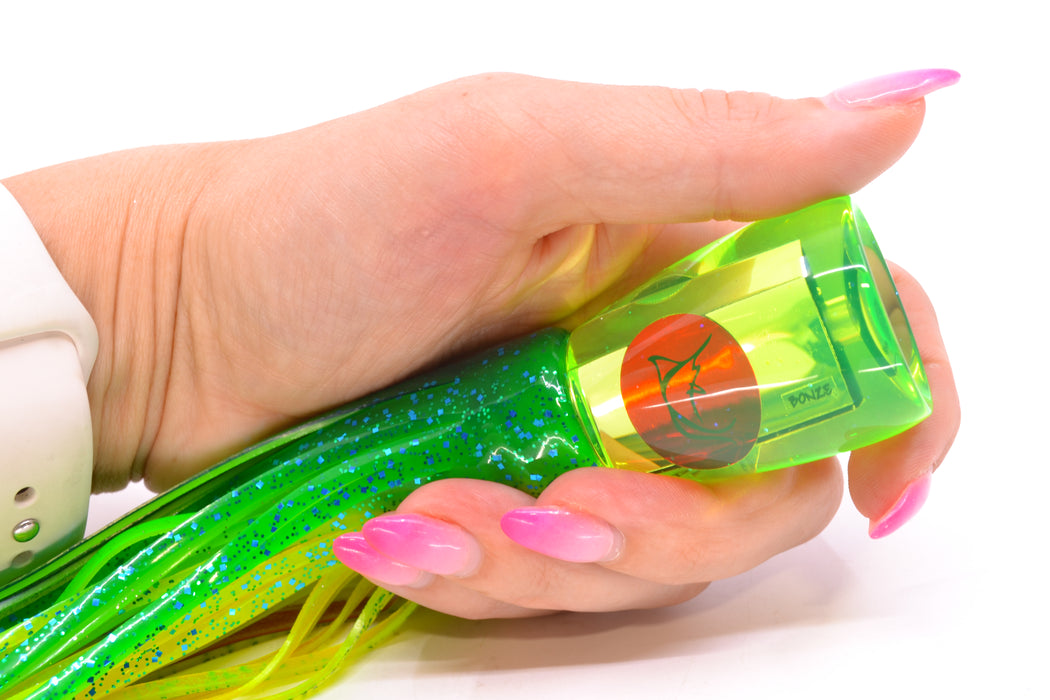 Bonze Lures Fluorescent Green Mirrored Red Eyes D Shackle 9" 3.5oz Skirted Mahi