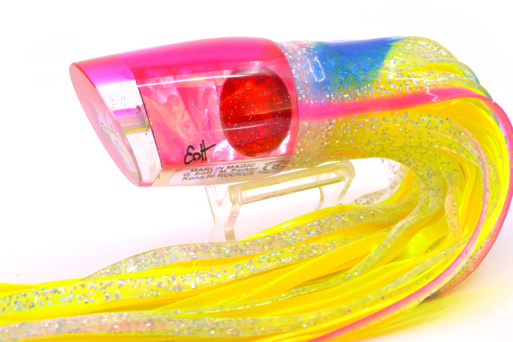 Marlin Magic Pink MOP Pink Back Red Eyes Ruckus 12" 11oz Skirted Blue Bars-Holo/Chartreuse