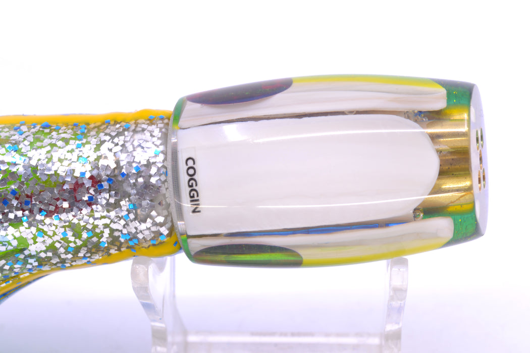 Coggin Lures White MOP Blue-Yellow Back 4-Hole Kilauea Tado Slant 9" 6oz Skirted