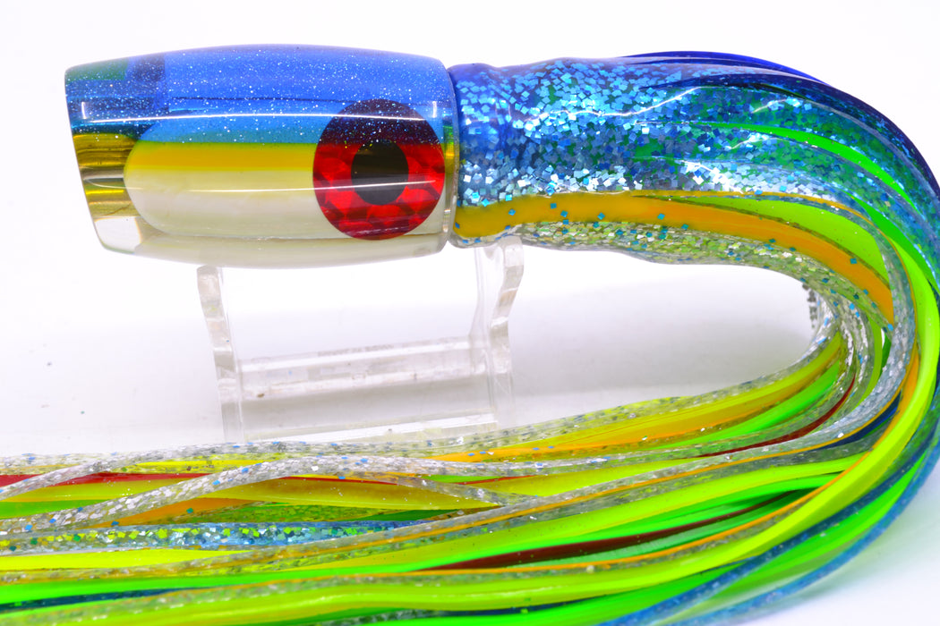 Coggin Lures White MOP Blue-Yellow Back 4-Hole Kilauea Tado Slant 9" 6oz Skirted