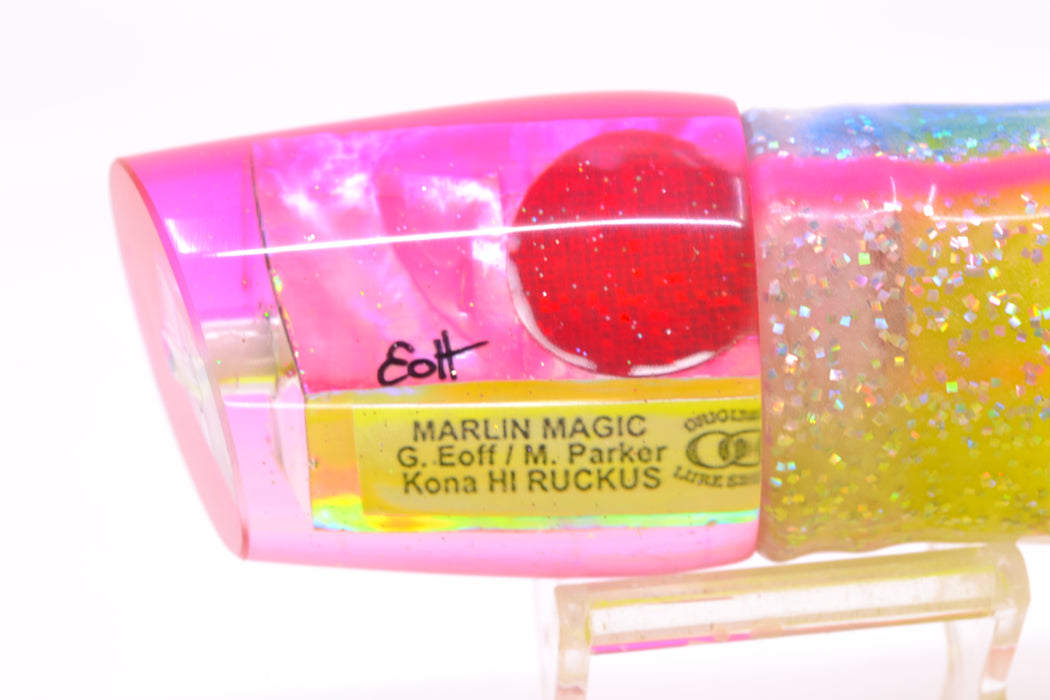 Marlin Magic Pink MOP Pink Back Red Eyes Ruckus 12" 11oz Skirted Blue Bars-Holo/Chartreuse