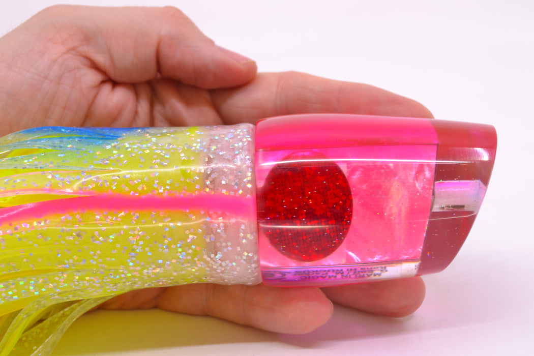 Marlin Magic Pink MOP Pink Back Red Eyes Ruckus 12" 11oz Skirted Blue Bars-Holo/Chartreuse