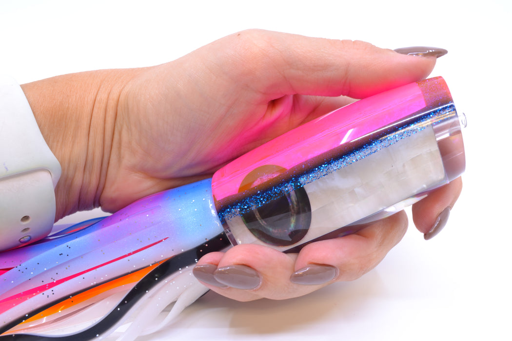 Moyes Lures White MOP Pink-Blue Back Taxi Eyes Medium Plunger 12" 7.5oz Skirted Gay Bob GZE