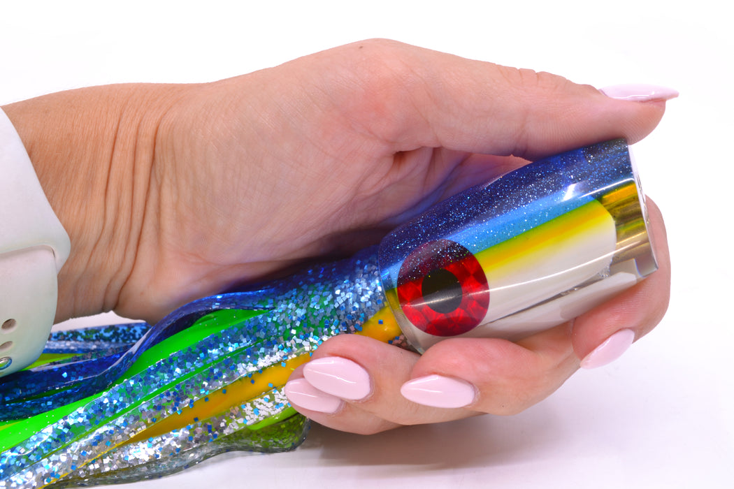 Coggin Lures White MOP Blue-Yellow Back 4-Hole Kilauea Tado Slant 9" 6oz Skirted