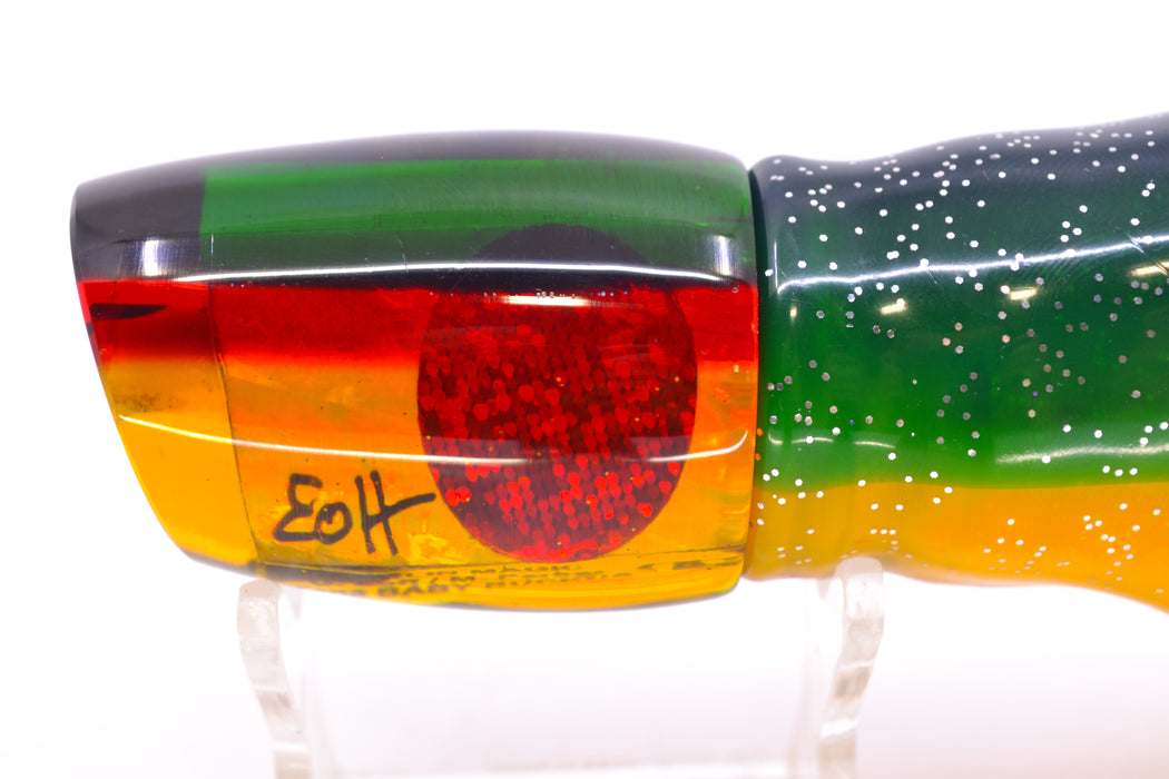 Marlin Magic Lures "Rasta" Awabi Green-Red Back Baby Ruckus 10" 6.5oz Skirted Green-Yellow