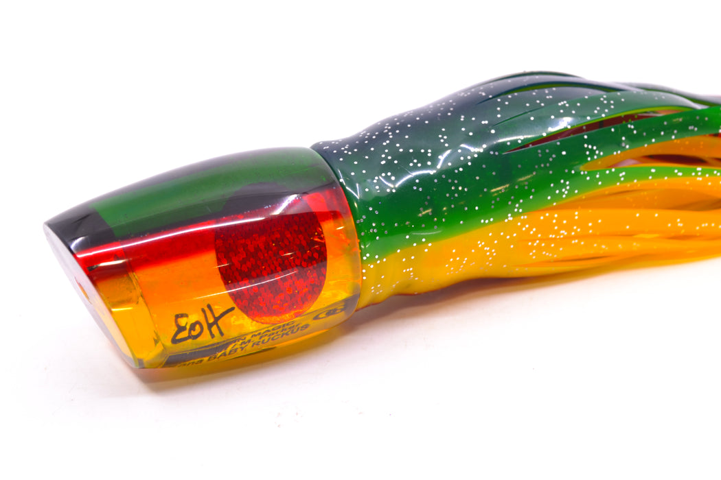 Marlin Magic Lures "Rasta" Awabi Green-Red Back Baby Ruckus 10" 6.5oz Skirted Green-Yellow