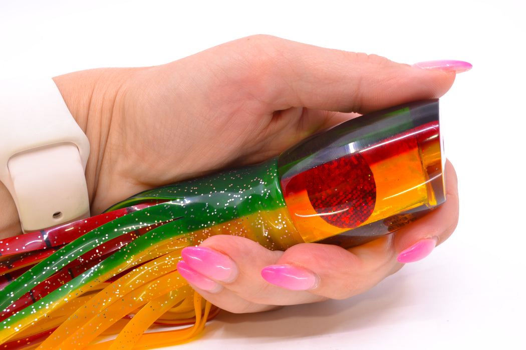 Marlin Magic Lures "Rasta" Awabi Green-Red Back Baby Ruckus 10" 6.5oz Skirted Green-Yellow