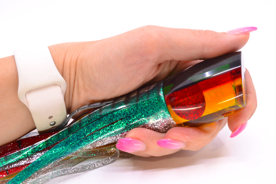 Marlin Magic Lures "Rasta" Awabi Green-Red Back Baby Ruckus 10" 6.5oz Skirted Green Aurora