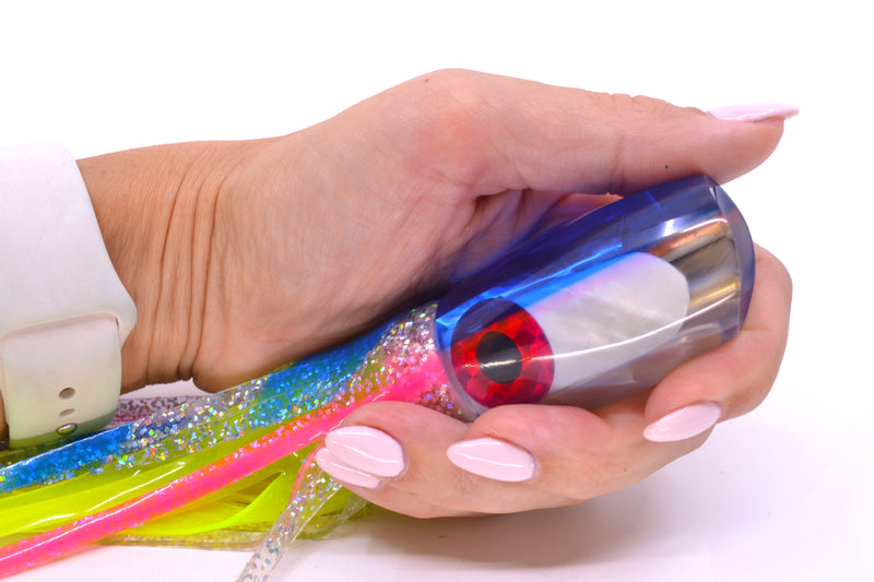 Coggin Lures White MOP Blue-Pink Back 4-Hole Kilauea Tado Scoop 9" 6oz Skirted Blue Bars