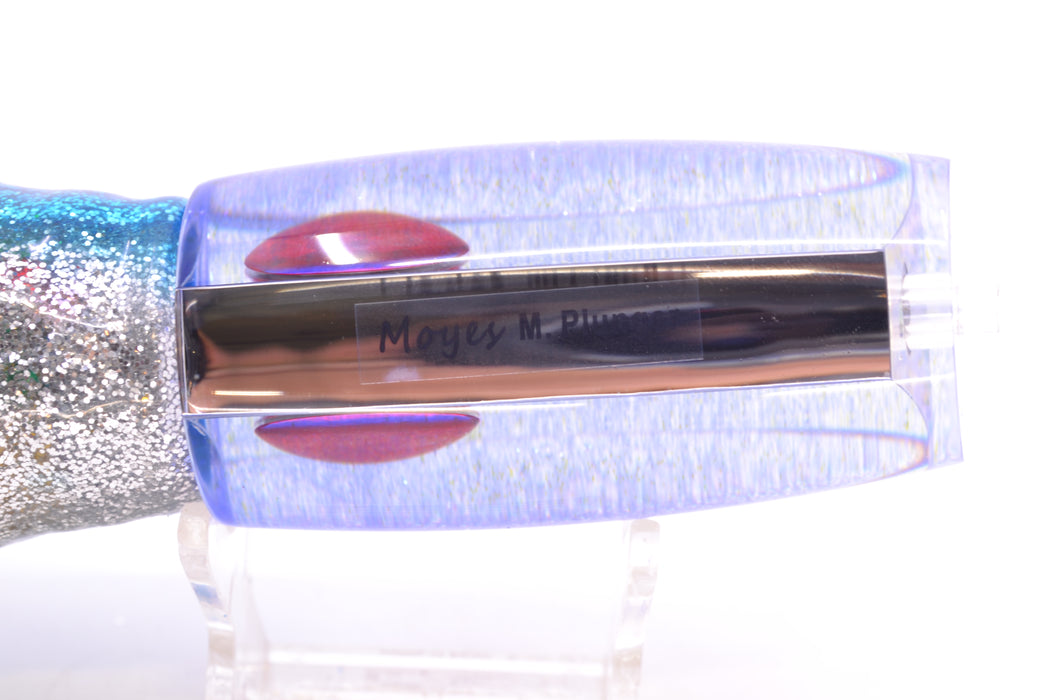 Moyes Lures Clear Mirrored Blue Glittered Back Red Eyes Medium Plunger 12" 7.5oz Skirted