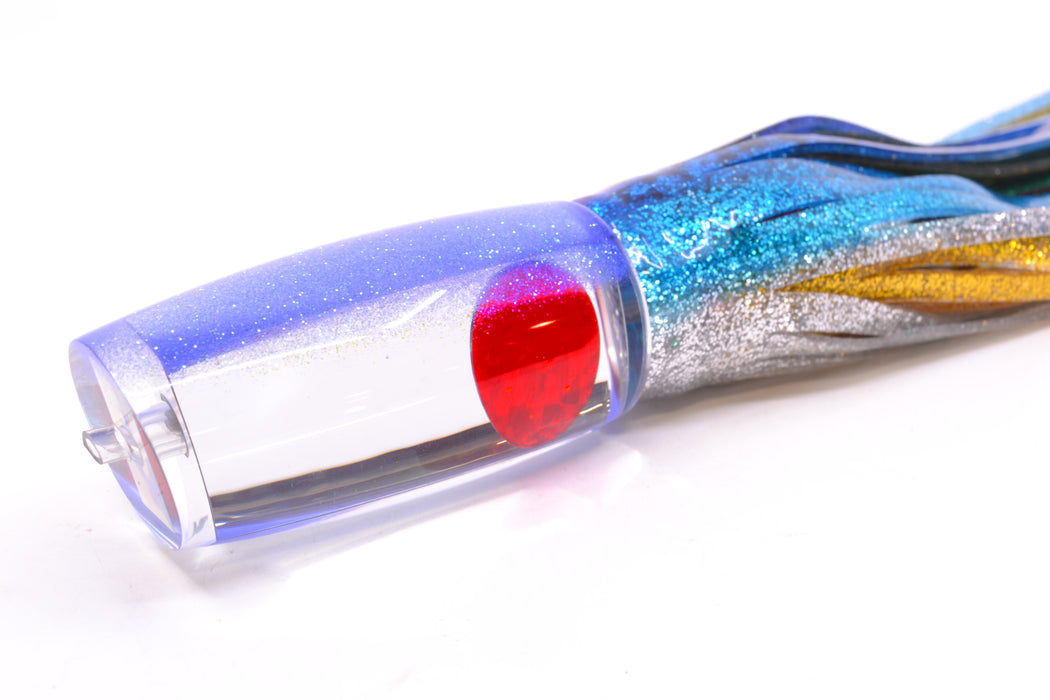 Moyes Lures Clear Mirrored Blue Glittered Back Red Eyes Medium Plunger 12" 7.5oz Skirted
