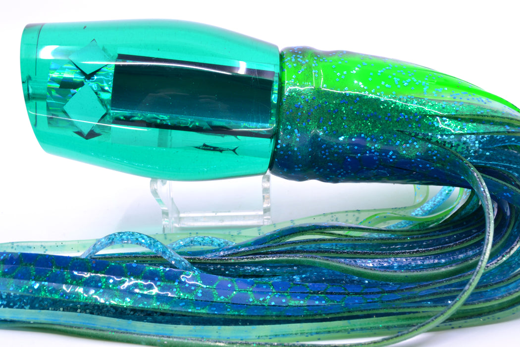 Aloha Lures Green Mirrored The Machine 16" 16oz Skirted Black Dots-Blue Dots *Blemish*
