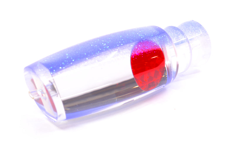 Moyes Lures Clear Mirrored Blue Glitter Back Red Eyes Medium Plunger 12" 5oz GZE