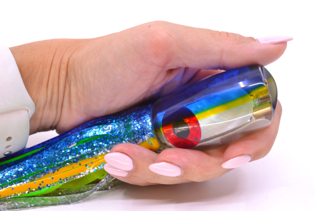 Coggin Lures White MOP Blue-Yellow Back 4-Hole Kilauea Tado Scoop 9" 6oz Skirted