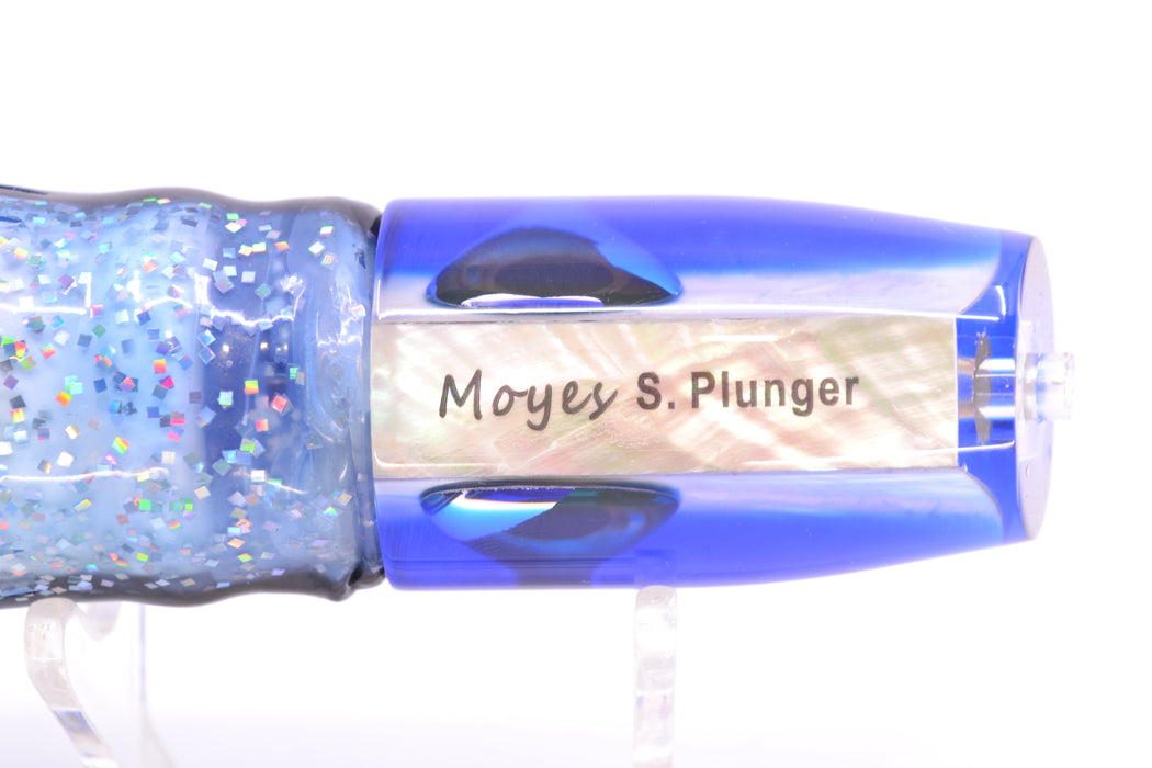Moyes Lures White MOP Blue Back Taxi Eyes Small Plunger 9" 5oz Skirted Blue & Black Bars