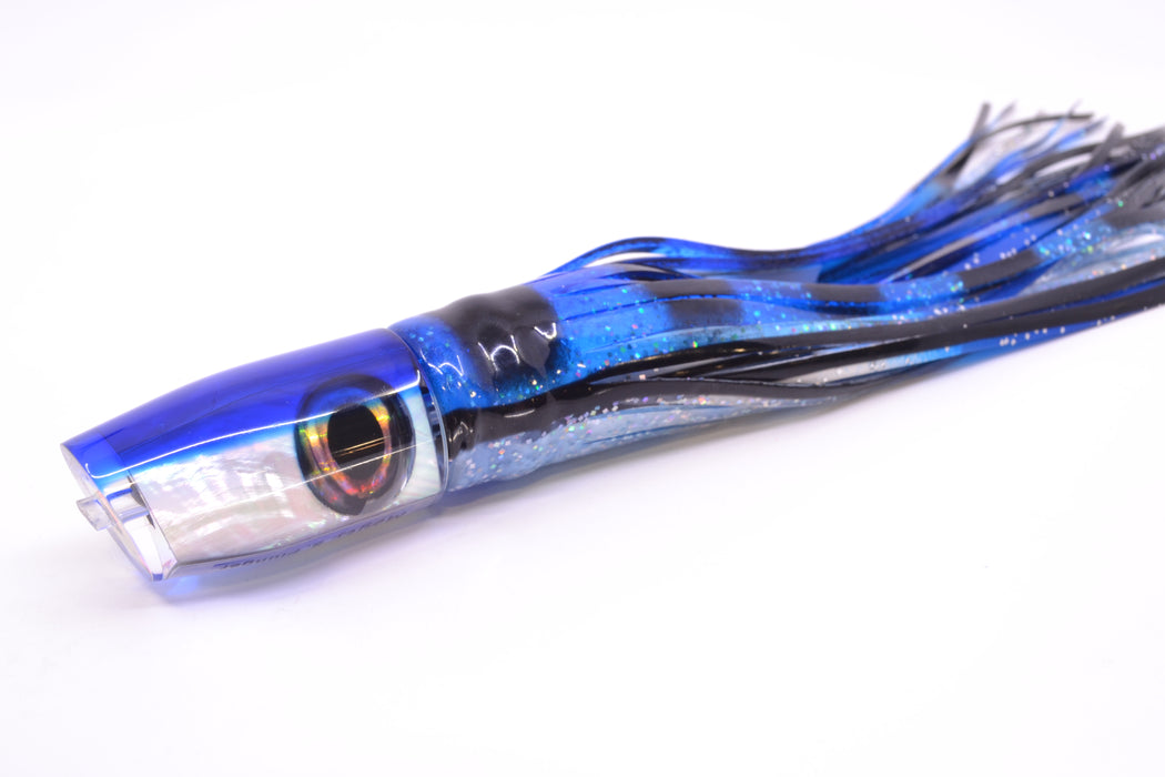 Moyes Lures White MOP Blue Back Taxi Eyes Small Plunger 9" 5oz Skirted Blue & Black Bars