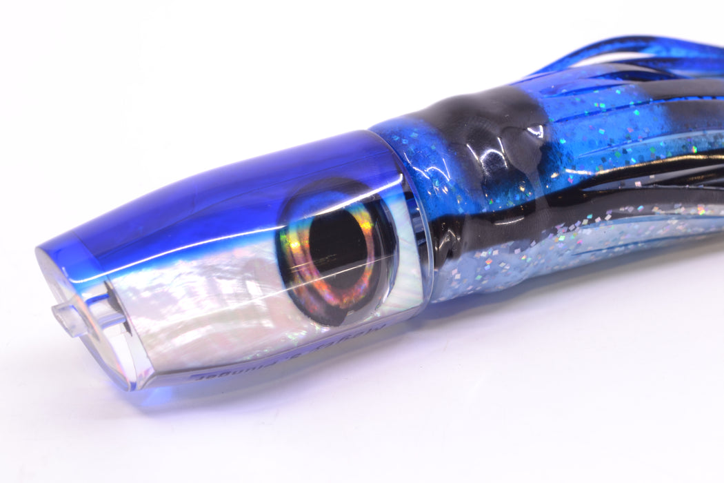 Moyes Lures White MOP Blue Back Taxi Eyes Small Plunger 9" 5oz Skirted Blue & Black Bars