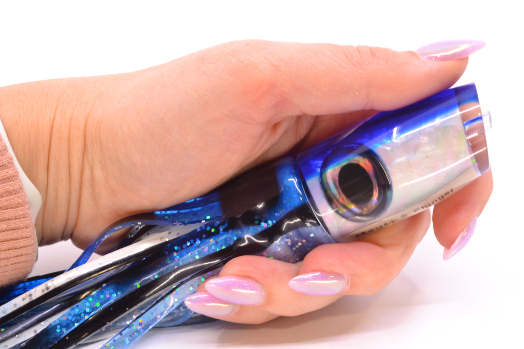 Moyes Lures White MOP Blue Back Taxi Eyes Small Plunger 9" 5oz Skirted Blue & Black Bars
