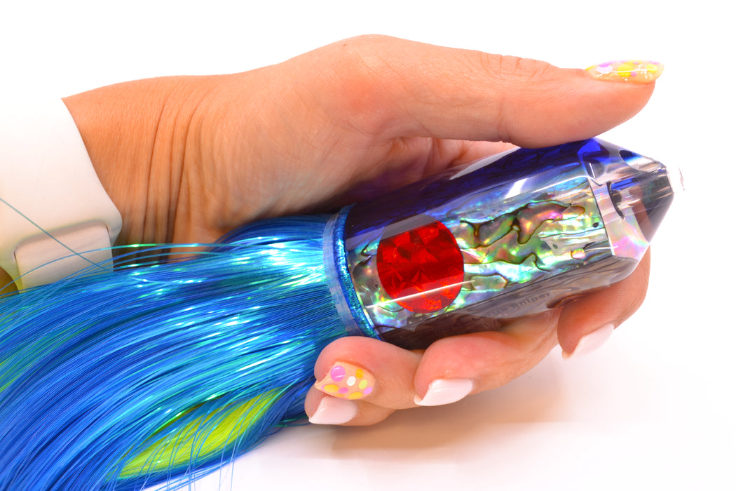 Moyes Lures Paua Shell Blue Back 2-Hole Large Sniper Jet 12" 12oz Strobez Royal Blue
