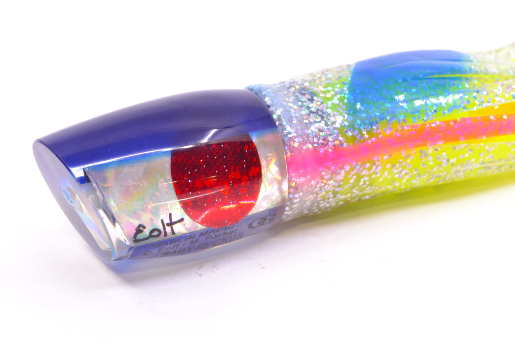 Marlin Magic Lures White Awabi Blue Back Red Eyes Baby Ruckus 10" 6.5oz Skirted Blue-Holo