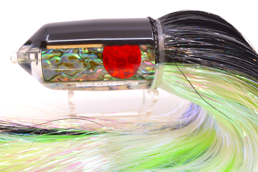 Moyes Lures Paua Shell Black Back 2-Hole Large Sniper Jet 12" 12oz Strobez Black-White