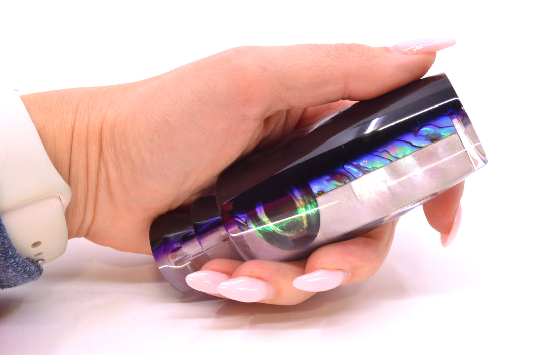 Moyes Lures Skipjack Paua-MOP Black-Purple Back Taxi Eyes Large Shotgun 12" 4.7oz