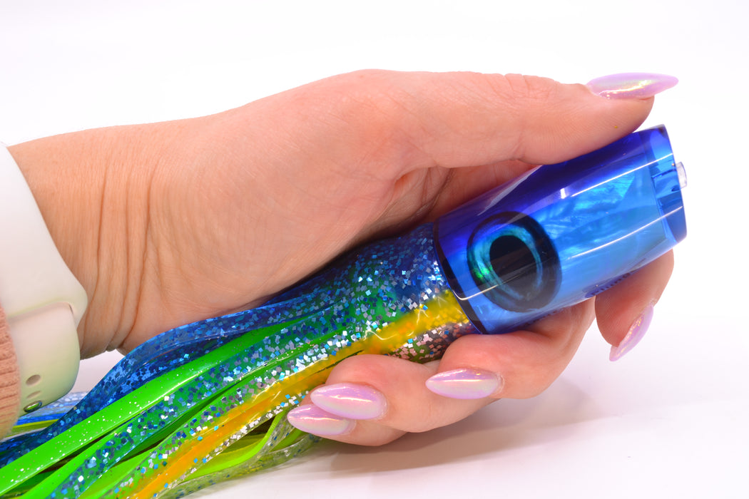 Moyes Lures Ice Blue MOP Blue Back Taxi Eyes Small Plunger 9" 5oz Skirted Blue-Silver