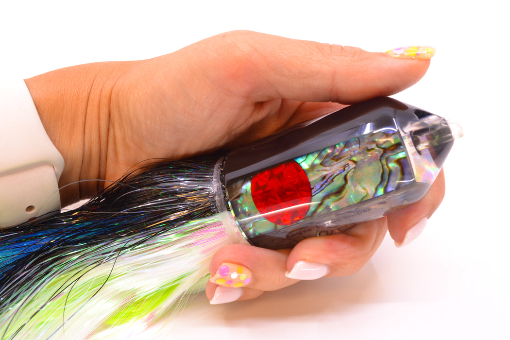 Moyes Lures Paua Shell Black Back 2-Hole Large Sniper Jet 12" 12oz Strobez Black-White