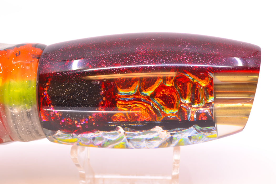 Coggin Lures Fire Dichro Red Back 4-Hole Maui Plunger 14" 13oz Skirted Kajiki