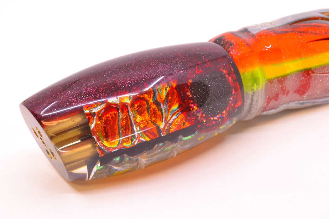 Coggin Lures Fire Dichro Red Back 4-Hole Maui Plunger 14" 13oz Skirted Kajiki