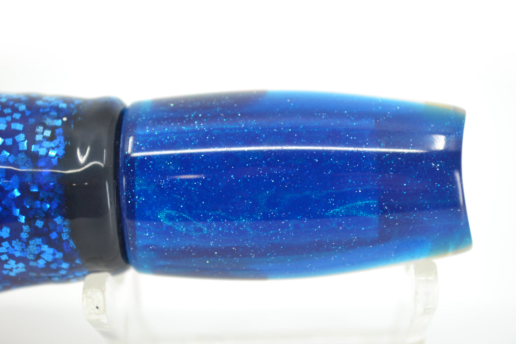 Coggin Lures White MOP Blue Back 4-Hole Hualalai Tado Scoop 7" 3oz Skirted Black & Blue Bars