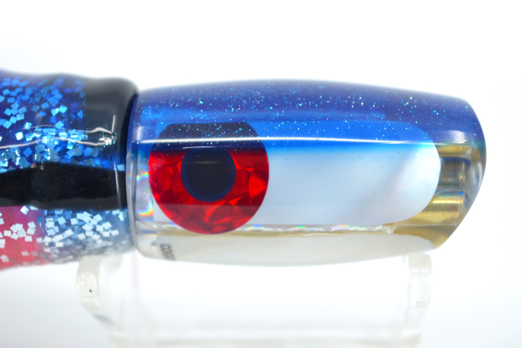 Coggin Lures White MOP Blue Back 4-Hole Hualalai Tado Scoop 7" 3oz Skirted Black & Blue Bars