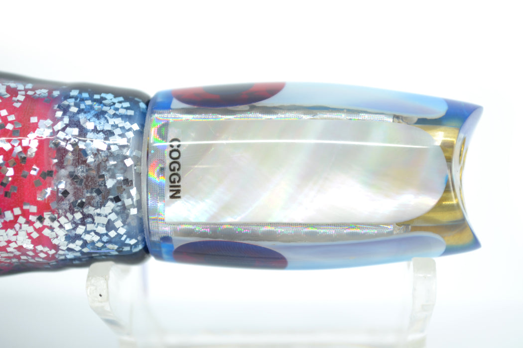 Coggin Lures White MOP Blue Back 4-Hole Hualalai Tado Scoop 7" 3oz Skirted Black & Blue Bars