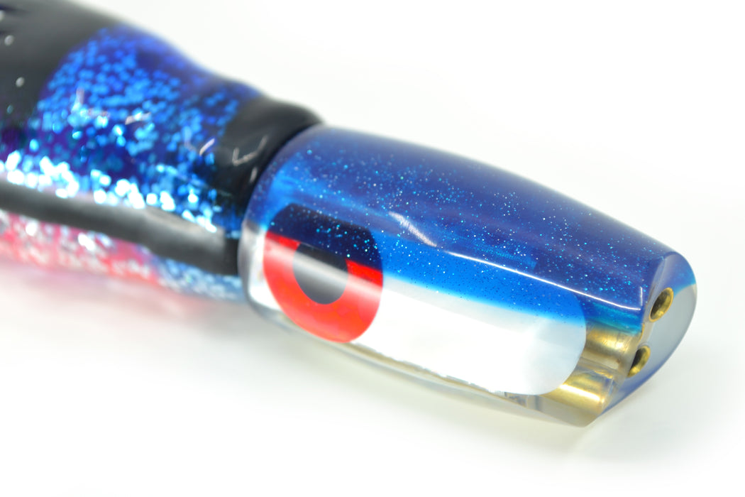 Coggin Lures White MOP Blue Back 4-Hole Hualalai Tado Scoop 7" 3oz Skirted Black & Blue Bars