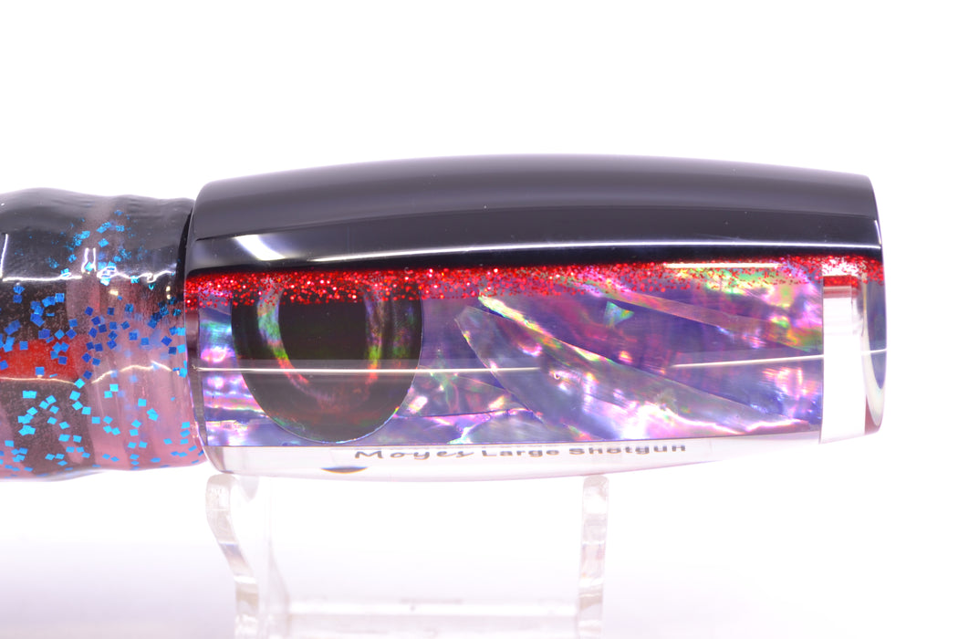 Moyes Lures Rainbow MOP Black-Red Back Large Shotgun 12" 7.8oz Skirted Black Stripes-Pink