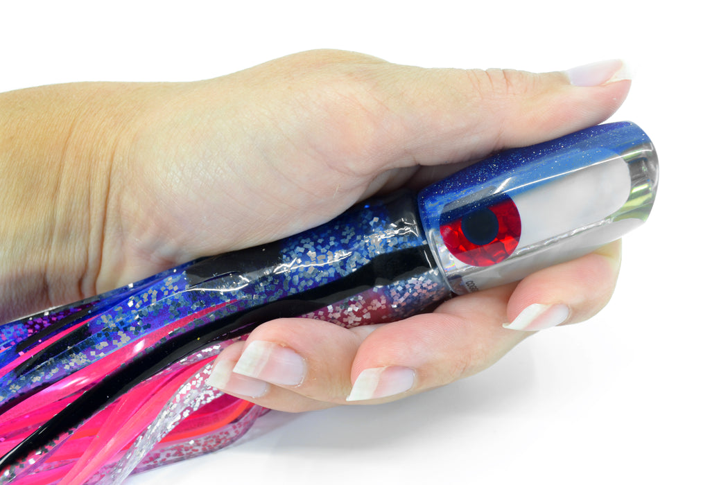 Coggin Lures White MOP Blue Back 4-Hole Hualalai Tado Scoop 7" 3oz Skirted Black & Blue Bars