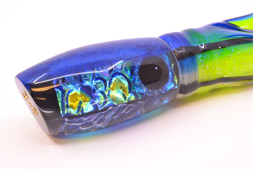 Coggin Lures Blue Dichro Blue Back 4-Hole Maui Plunger 14" 13oz Skirted Skipjack/Rainbow